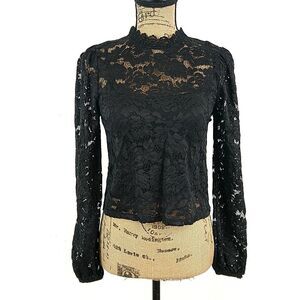 💥5/$25 NWT Wild Fable sz XS Top Solid Black Lace High Neck Crop Button Keyhole